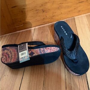 Roper Black Braided Wedge Flip Flops with Patterned Sidewall